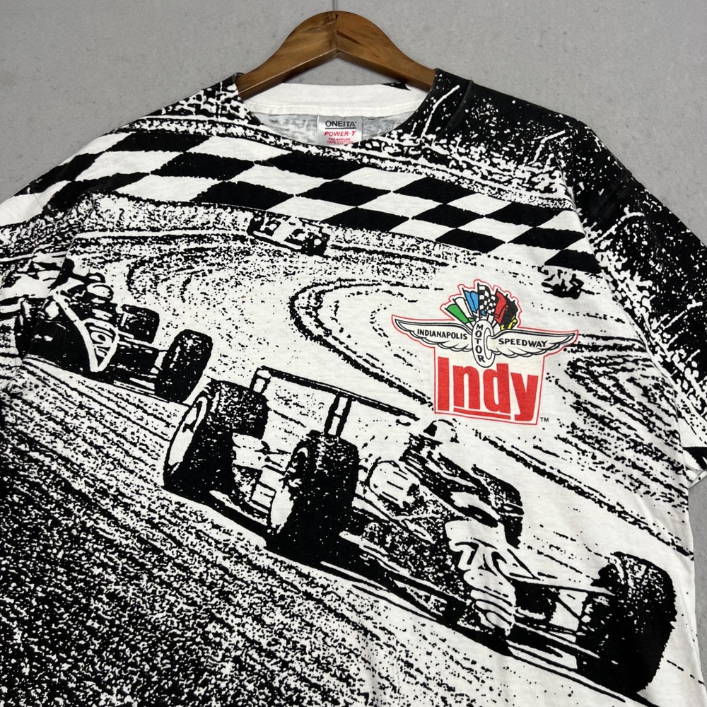 Vintage Oneita Indy Indianapolis Motor Speedway All Over Print T-Shirt XL USA